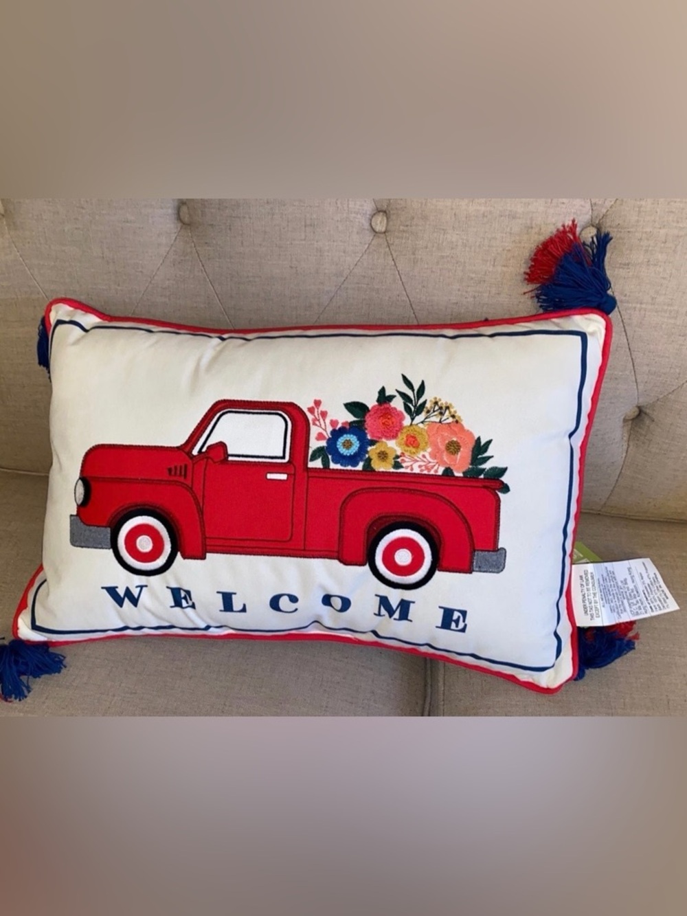 Member’s Mark Welcome Red Truck Floral Accent Pillow with Tassels